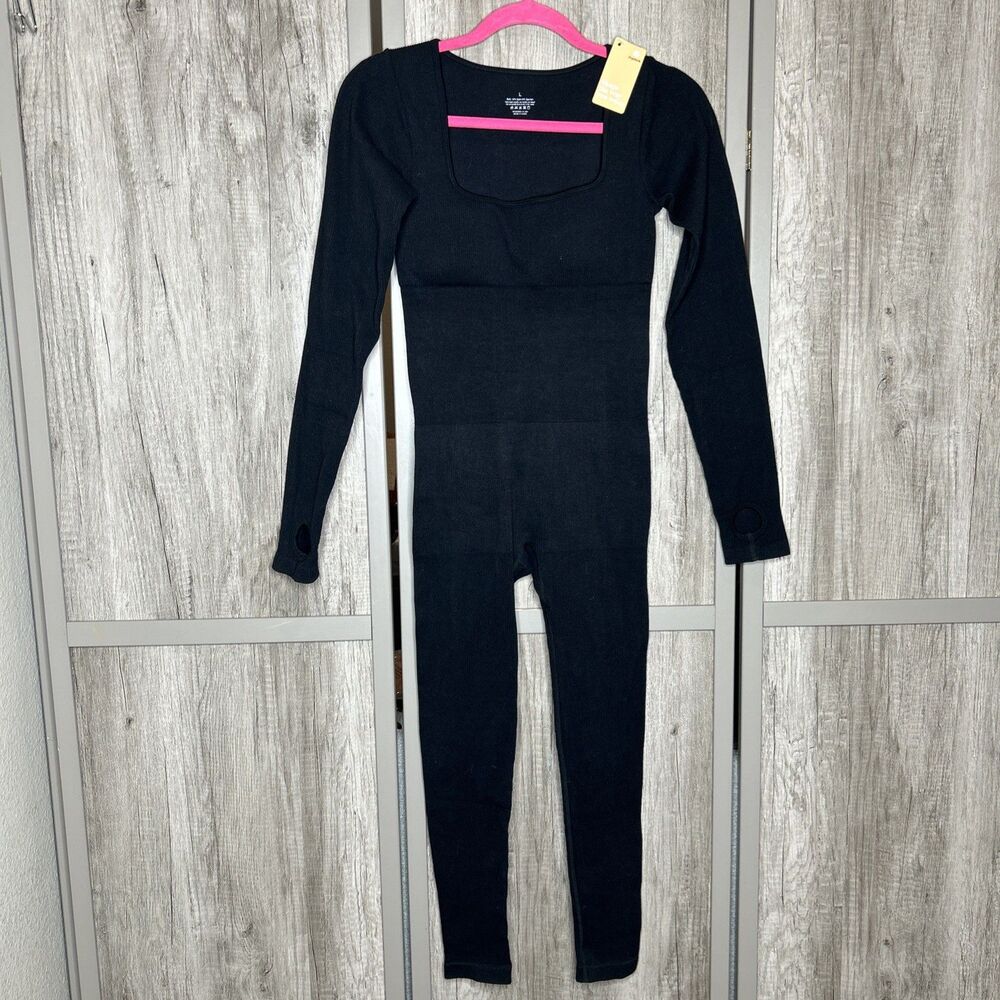 Popilush Bodysuit Ribbed Long Sleeves Ankle Padded Black NEW